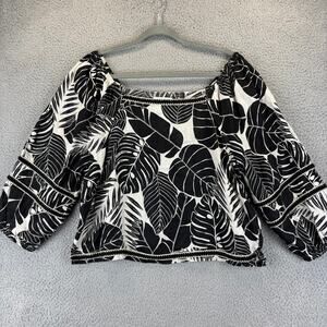 Cynthia Rowley 100% Linen Top Large Boho Natural Tropical Floral Off Shoulder